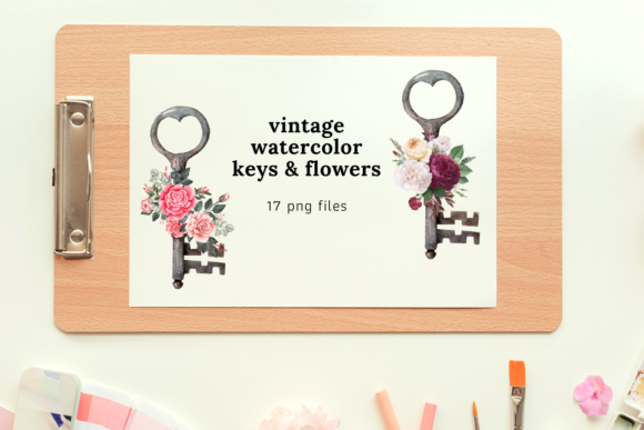 17 Antique Keys with Watercolor Flowers Illustrations
