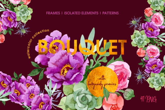 Bouquet with Burgundy Peonies Watercolor Illustrations