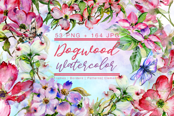 Cool Dogwood Colorful Flower Watercolor Set & Illustrations