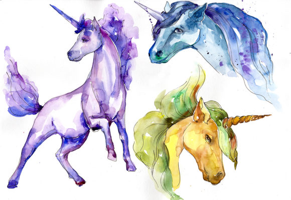 Cute Colorful Unicorn Horses Watercolor Set Illustrations