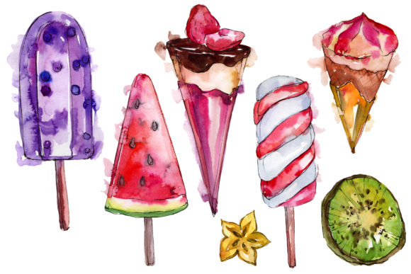 Dessert Ice Cream Fruit Watercolor