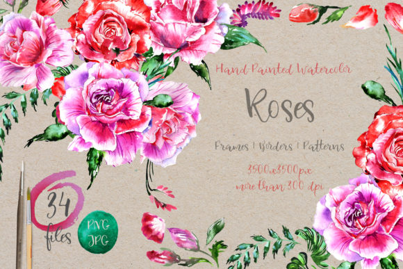 Holiday Pink Roses Watercolor Set