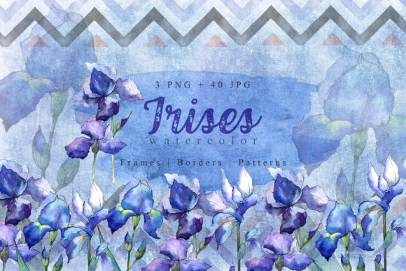 Nice Blue Irises Watercolor Set and Illustrations