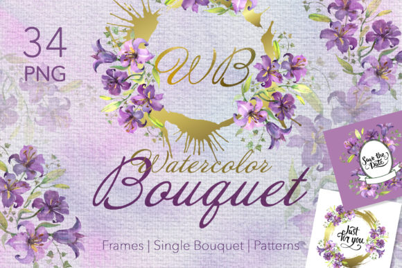 Purple Watercolor Bouquet of Lilies Set